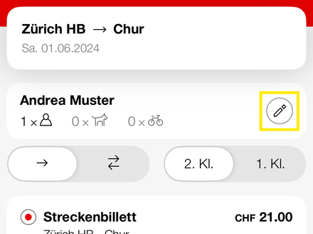 SBB-App Anzahl Velos Schritt 1