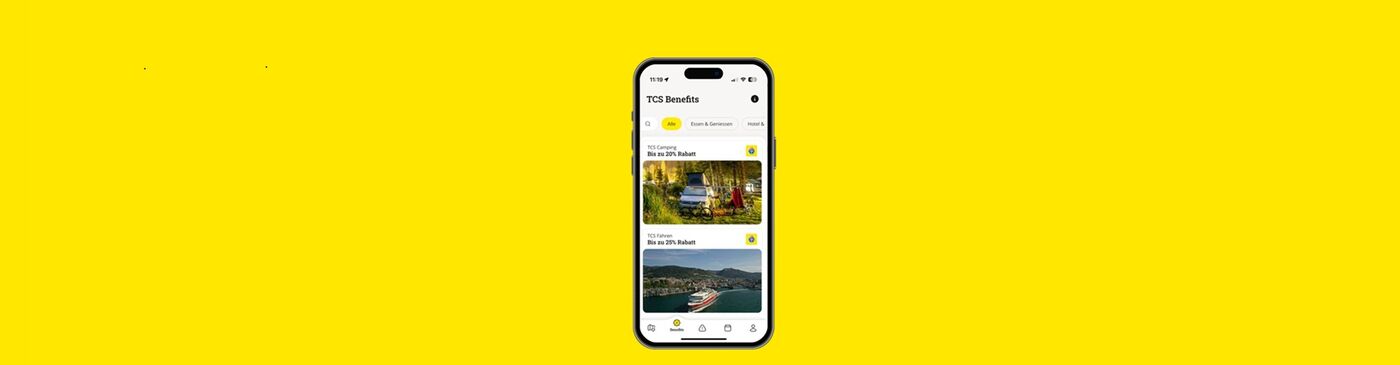 iPhone auf dem die TCS App geöffnet ist. Es werden TCS Benefits wie 20% Rabatt auf TCS Camping angezeigt.