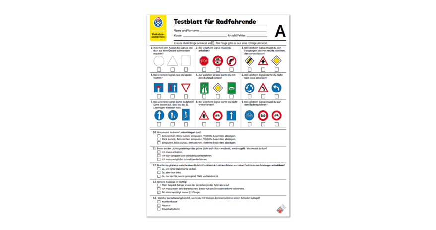 Testblatt für Velofahrer A (6-10 Jahre)